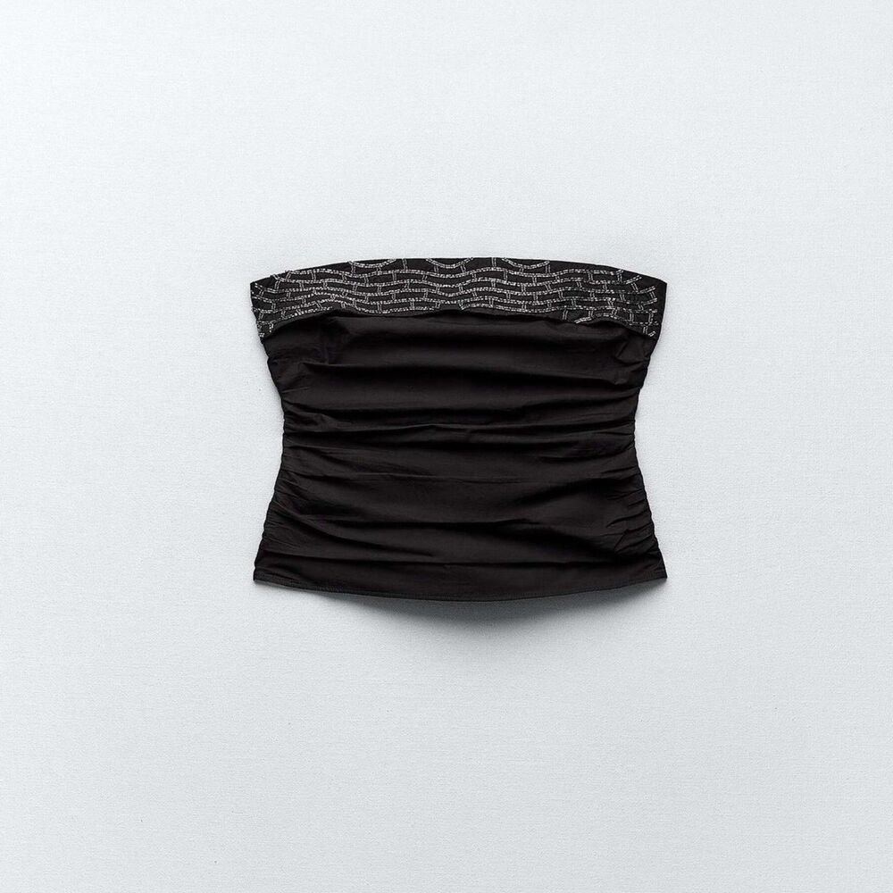 ZARA BEADED STRAPLESS POPLIN TOP Size Large NWT